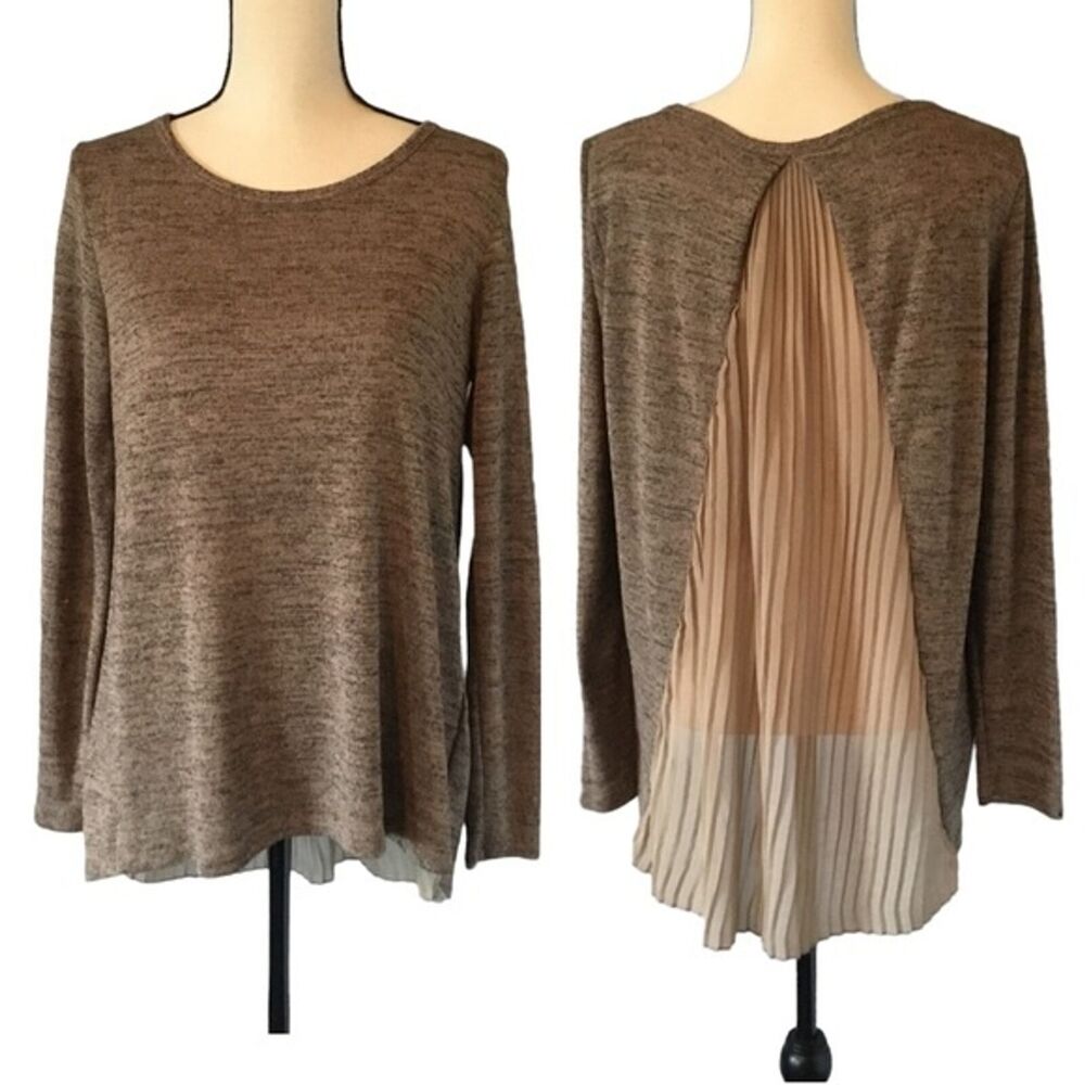Larry Levine Women’s Brown Long Sleeve Sweater With Open Pleated Sheer Back M - Picture 1 of 7